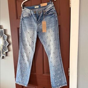 Light Blue Floral Embroidered Women's Jeans - Casual Straight Leg